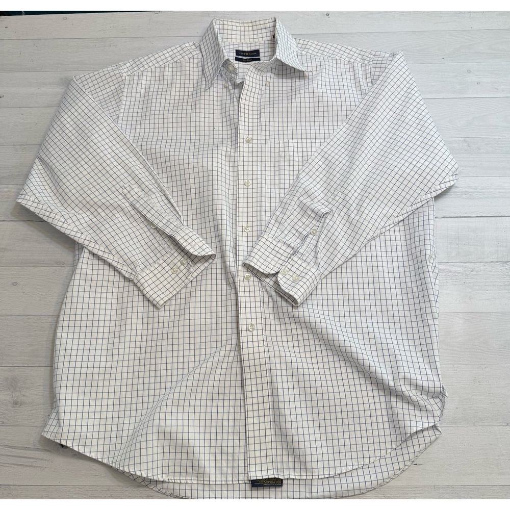 Club Room men's white blue grid print long sleeve button down dress shirt large